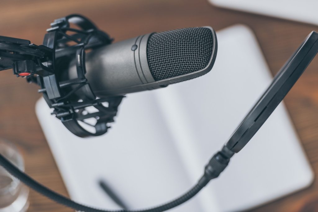 selective focus of professional microphone in broadcasting studio